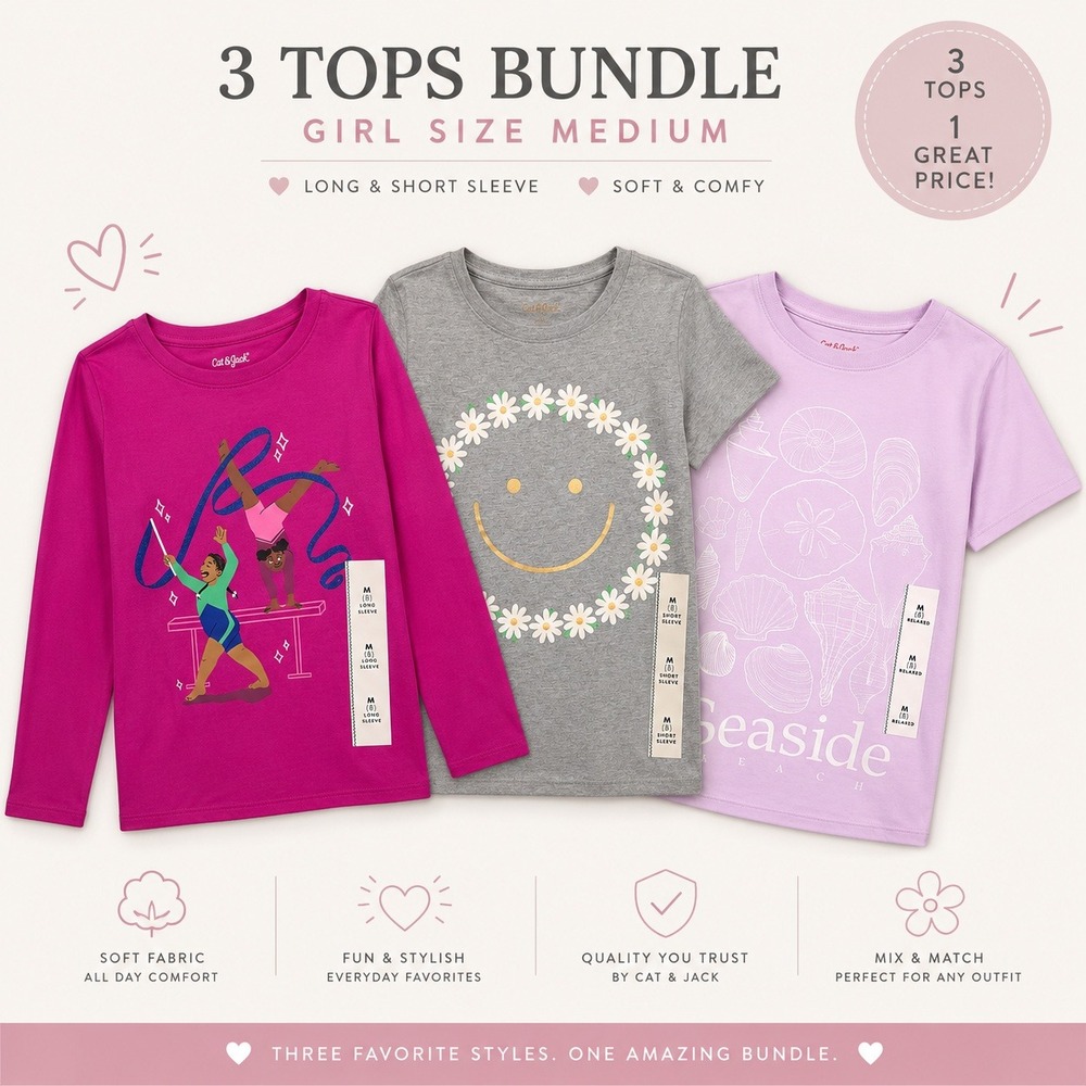 Cat & Jack Girls 3 Tops Bundle T-Shirts Magenta Gray Lavender Size Medium 8 NWT